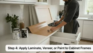 Step 4: Apply Laminate, Veneer, or Paint to Cabinet Frames - how to reface kitchen cabinets