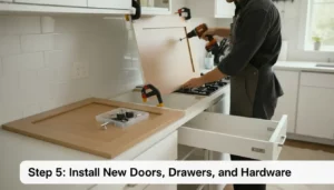 Step 5: Install New Doors, Drawers, and Hardware - how to reface kitchen cabinets