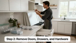Step 2: Remove Doors, Drawers, and Hardware - how to reface kitchen cabinets